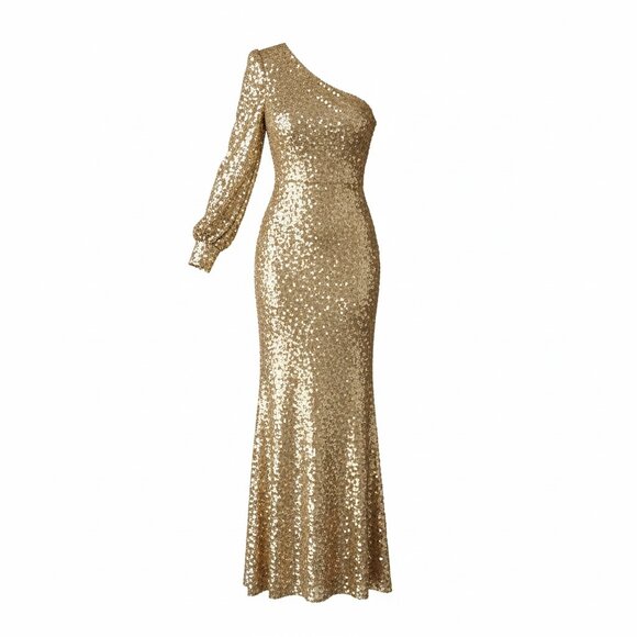 Gold Sequined One Shoulder Bishop Sleeve Trumpet Gown Size 4 / Small - Picture 4 of 8